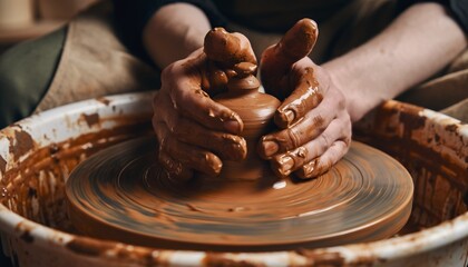 Oficio de alfarería. Primer plano de manos de alfarero creando una gran vasija de arcilla sobre un torno giratorio tradicional. Luz de estudio profesional