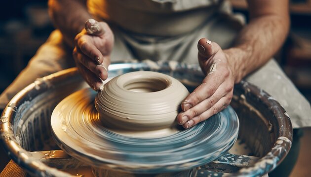 Oficio de alfarer&iacute;a. Primer plano de manos de alfarero creando una gran vasija de arcilla sobre un torno giratorio tradicional. Luz de estudio profesional