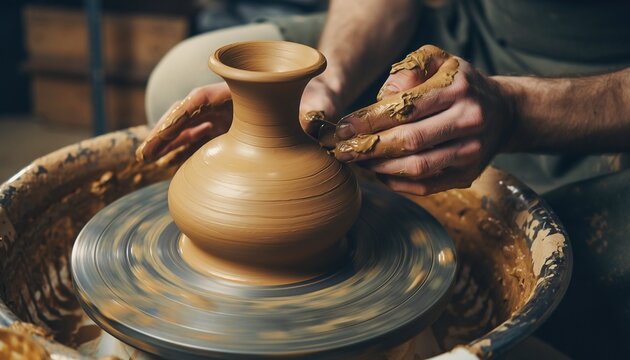 Oficio de alfarer&iacute;a. Primer plano de manos de alfarero creando una gran vasija de arcilla sobre un torno giratorio tradicional. Luz de estudio profesional