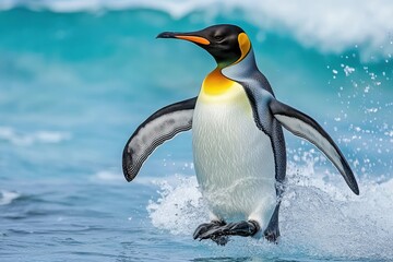 Fototapeta premium Wild bird in the water. Big King penguin jumps out of the blue water after swimming through the ocean in Falkland Island. Wildlife scene from nature. Funny image from the ...