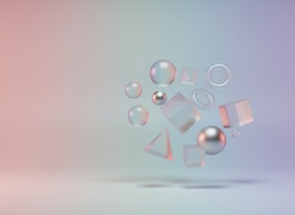 Abstract Composition of Geometric Shapes Floating with Soft Color Gradient Background and Diffused Lighting