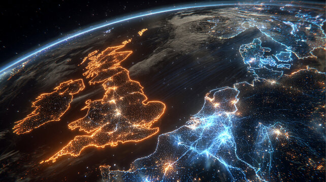 Cinematic 3D Earth Globe Showing UK with Pulsing Data Nodes and Connected Network Lines