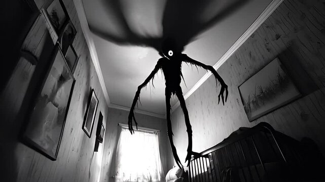 Shadowy creature looms over a dimly lit bedroom
