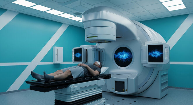 Man lies on table under radiation therapy machine in light blue medical room, with digital screens for monitoring cancer treatment. - Powered by Adobe