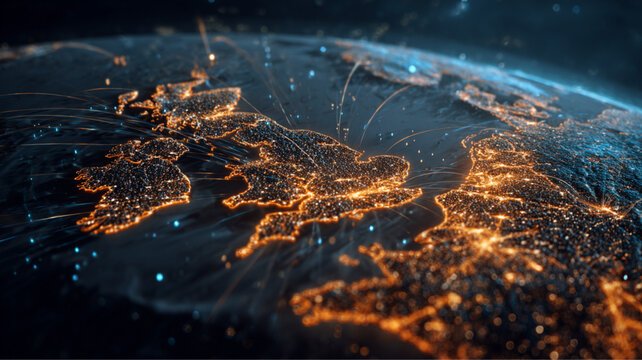 Futuristic Digital Globe with UK Highlighted, Glowing Network Lines and Global Data Nodes