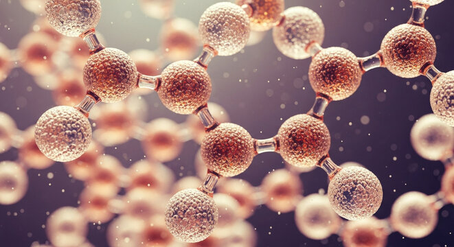3D rendering of a molecular structure featuring spheres and connecting rods, set against a dark background dotted with particles. Representing science and technology.
