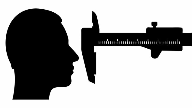 Silhouette of a person's head being measured by a caliper in a black and white illustration style