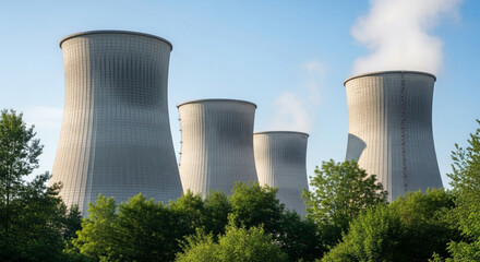 A nuclear power plant featuring gray cooling towers with plumes of steam, set against a blue sky and green trees, represents industrial energy production.