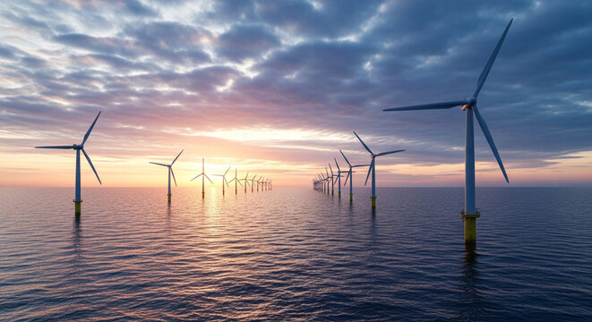 A cluster of offshore wind turbines is silhouetted against a vibrant sunset sky with golden light reflecting off the tranquil ocean surface, emphasizing clean energy. - Powered by Adobe