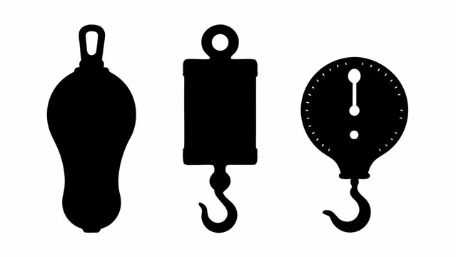 Silhouetted illustration of three different types of hanging scales in a simple black and white design