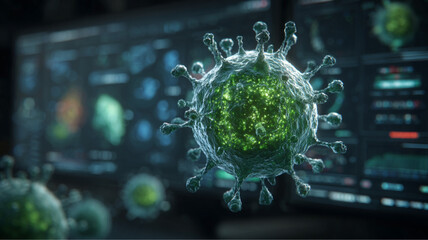 3D virus structure, glowing green, scientific lab background, abstract concept