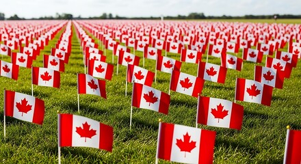Vast, organized field covered with hundreds of small Canadian flags, symbolizing national tribute or remembrance
