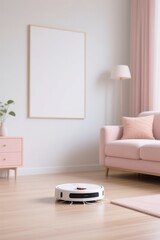Modern Living Room Interior With Robot Vacuum Cleaner Operating Under Picture Frame and Pink Accents