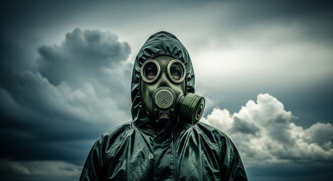 A person in a protective suit and gas mask stands against a dark, cloudy sky, representing themes of danger, environmental hazard, and emergency preparedness outdoors.