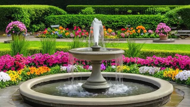 Gentle zoom and slow pan over a beautiful garden fountain surrounded by colorful flowers