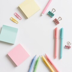 Overhead View of Office Stationery Arranged on White Surface Pastel Colors and Minimalist Composition