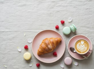 Overhead Shot Of Breakfast Still Life With Croissant Raspberry And Macarons On A Pink Plate And A Cup Of Coffee With Latte Art