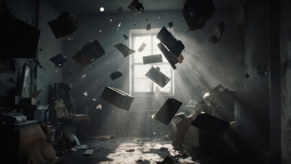 Chaotic Room Scene - Books and Objects Floating in Air.