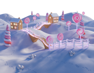 Whimsical candy land village in a snowy landscape