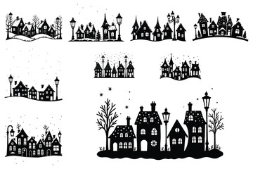 Black silhouette winter village scenes with snow and streetlights
