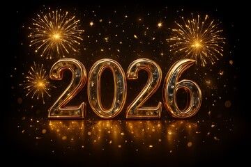 Ultra-Premium 3D 2026 Gold & Crystal Typography with Fireworks, Glitter & Festive Glow – 8K Cinematic New Year Design