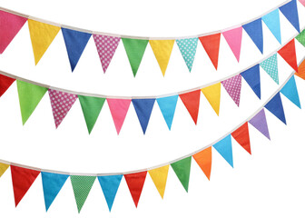Colorful party bunting flags on a string isolated on a transparent background.