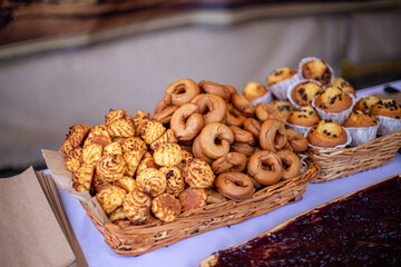 Assortment of fresh baked goods at market stall