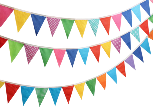 Colorful party bunting flags on a string isolated on a transparent background.