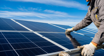 A man in work clothes installs solar panels on a rooftop under a clear blue sky, promoting renewable energy and sustainable technology for a cleaner future.