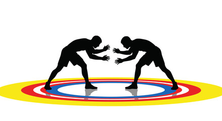 Two wrestlers in silhouette facing each other on a colorful wrestling mat.