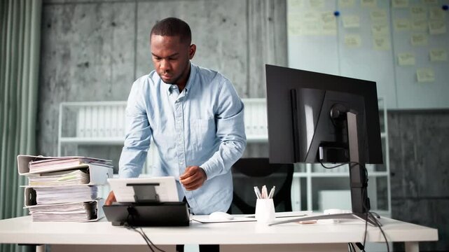 Man Digitizing Paper Documents Using Scanner