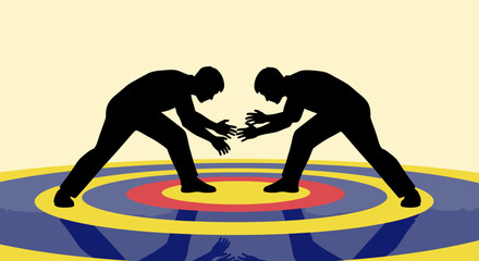 Two wrestlers in silhouette facing each other on a wrestling mat.