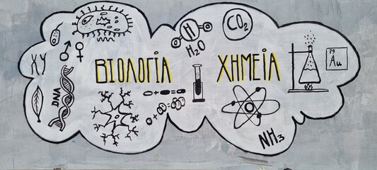 A creative hand-drawn mural combining symbols from biology and chemistry. The left side depicts biology with chromosomes, gender symbols, a DNA strand, neuron and microbial cells