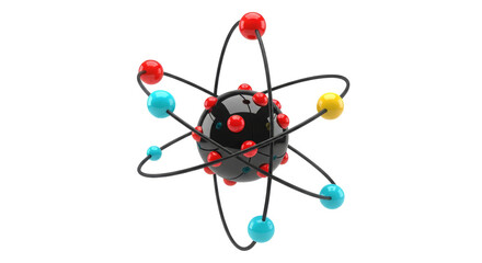 3D rendering of a colorful atom model with red, blue and yellow spheres orbiting around a black core, set against a clean white background. Represents science and molecular structure.