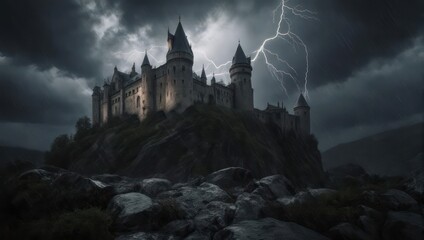 Mysterious Fantasy Castle During a Dark and Stormy Night.