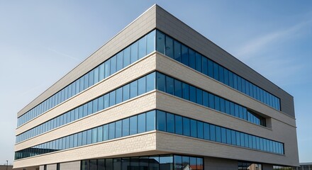 Fototapeta premium Angular commercial building featuring contemporary design with alternating bands of glass and cladding material.