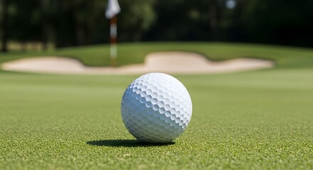 Fototapeta premium Golf ball on green with sand trap in background.