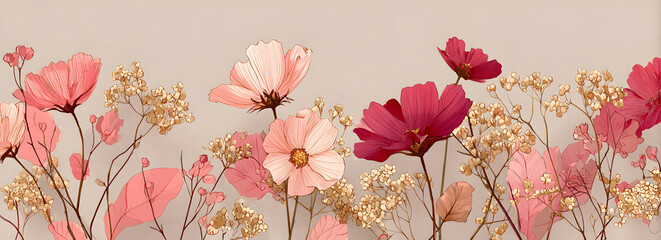 Luxury botanical background with trendy wildflowers and minimalist flowers for wall decoration or wedding. Hand drawn line herb, elegant leaves for invitation save the date card. Botanical