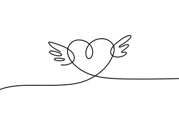 Minimalist single line drawing of a heart with wings