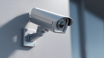 Modern CCTV Camera Mounted on Minimalist Wall, Photorealistic Security Surveillance, Sleek Metallic Design, Professional Clean Background