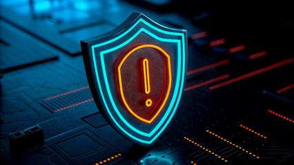 A glowing cybersecurity shield icon with an exclamation mark, symbolizing a data threat or system alert.