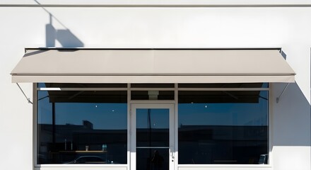 Blank storefront facade with beige awning and large glass window in sunlight