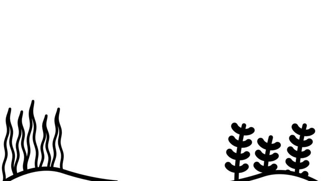 Soft seagrass and sea plants grow along the shoreline, representing coastal calmness, natural growth, and the peaceful balance found within simple marine landscapes