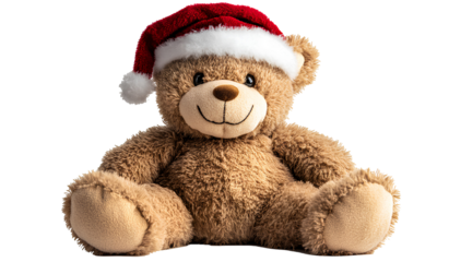 Adorable Teddy Bear Wearing Santa Hat Smiling Holiday Toy Portrait Isolated on Transparent Backdrop