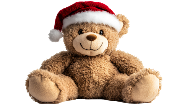 Adorable Teddy Bear Wearing Santa Hat Smiling Holiday Toy Portrait Isolated on Transparent Backdrop