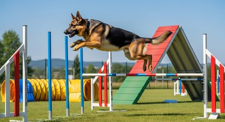 A majestic German Shepherd dog mid-air, expertly leaping over a hurdle on a vibrant green agility course under a clear blue sky.