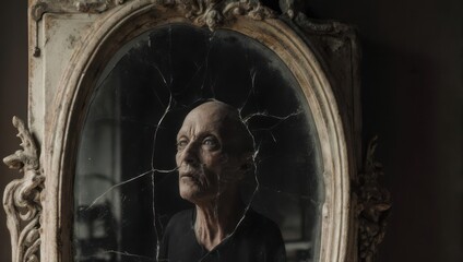 Elderly womans reflection in a cracked ornate mirror.