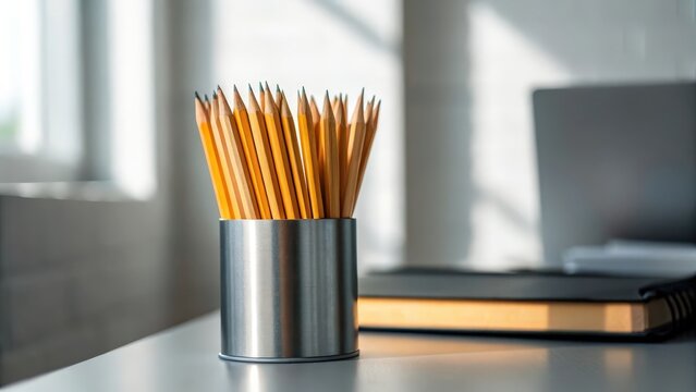 A neat collection of sharpened yellow pencils standing upright in a sleek metallic holder on a bright desk illuminated by soft window light - Powered by Adobe