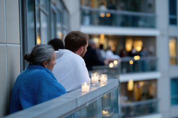 In this evocative scene, two individuals are seen wrapped in blankets on a balcony surrounded by candles, suggesting moments of contemplation, connection, and warmth amidst urban life.