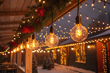 Experience the magic of winter with warmly lit outdoor holiday decorations and festive Christmas lights creating a cozy, inviting atmosphere